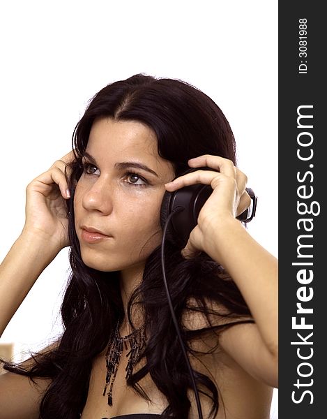 Portrait of young hispanic brunette girl with headphones - isolated. Portrait of young hispanic brunette girl with headphones - isolated