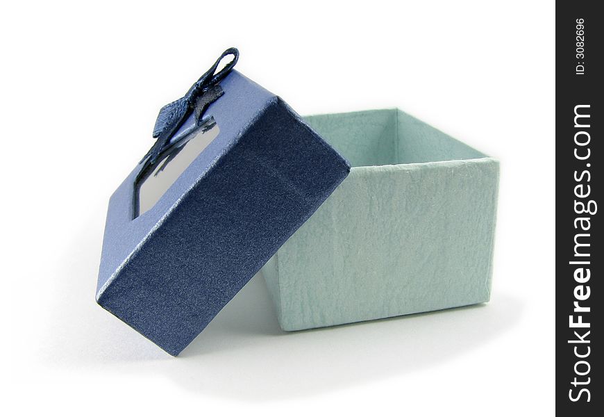 A beautiful small dark blue and light green gift box with see through lid.