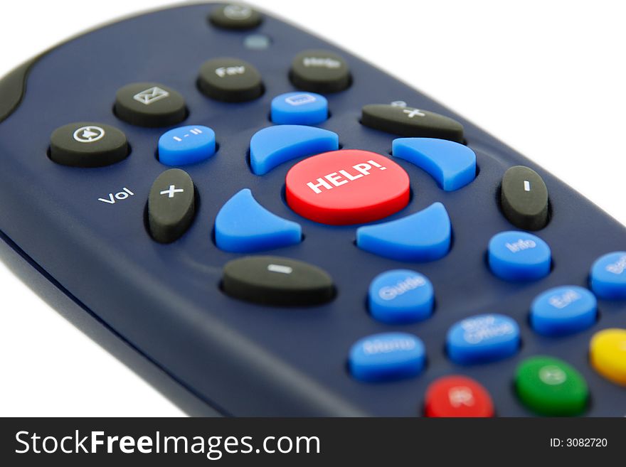 A blue TV remote controller with special red Help! button. A blue TV remote controller with special red Help! button.