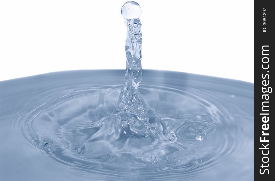 Isolated blue drops are falling down and impact with liquid surface. Isolated blue drops are falling down and impact with liquid surface