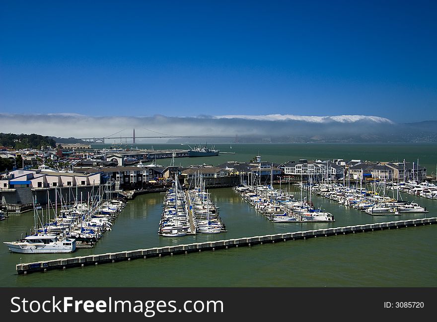 The San Francisco Golden Gate Bridge and marina. The San Francisco Golden Gate Bridge and marina