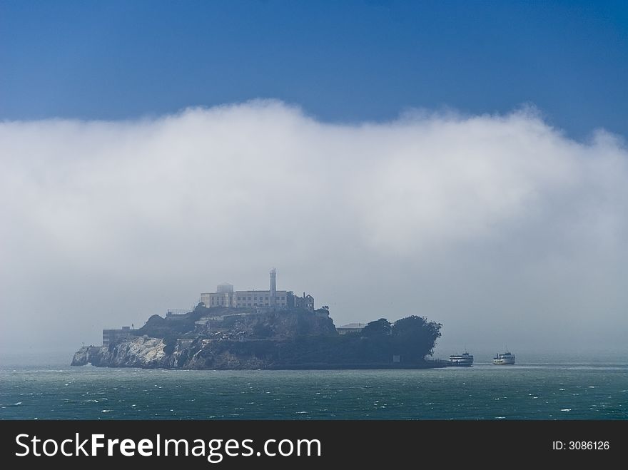 Alcatraz Island and Marina with fog in San Francisco Bay, CA. Alcatraz Island and Marina with fog in San Francisco Bay, CA