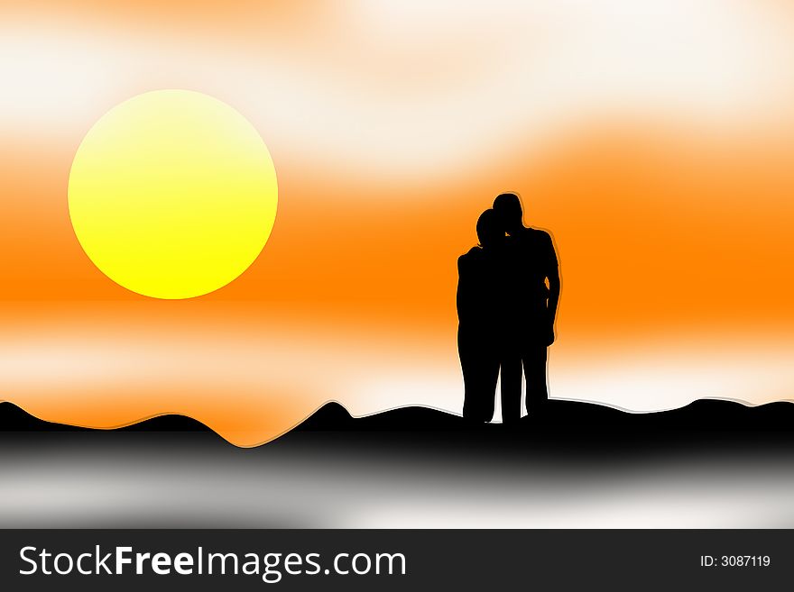 An illustration showing two people looking at a sunrise or sunset with mist and clouds around them. The two people are shown in silhouette and lovingly together showing peace. An illustration showing two people looking at a sunrise or sunset with mist and clouds around them. The two people are shown in silhouette and lovingly together showing peace