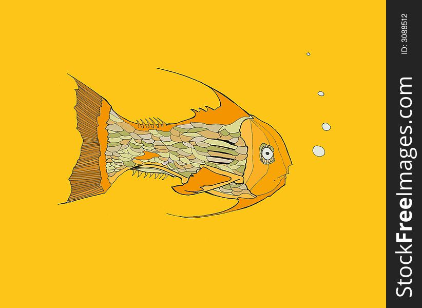 Fish swimming under water with an orange background having scales and a human face. Fish swimming under water with an orange background having scales and a human face