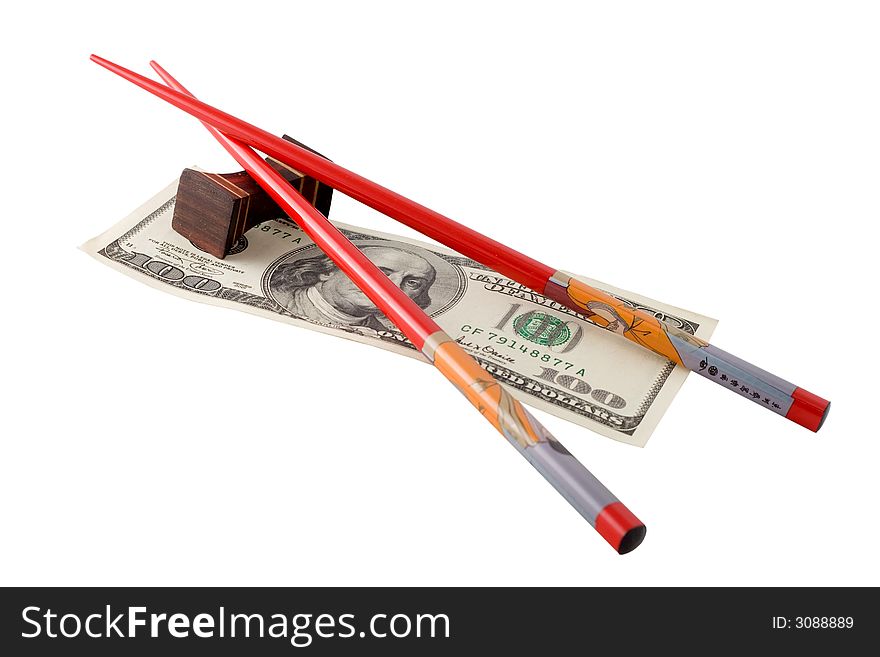 Chopsticks and 100 usa dollars -, China, Japan. Chopsticks and 100 usa dollars -, China, Japan