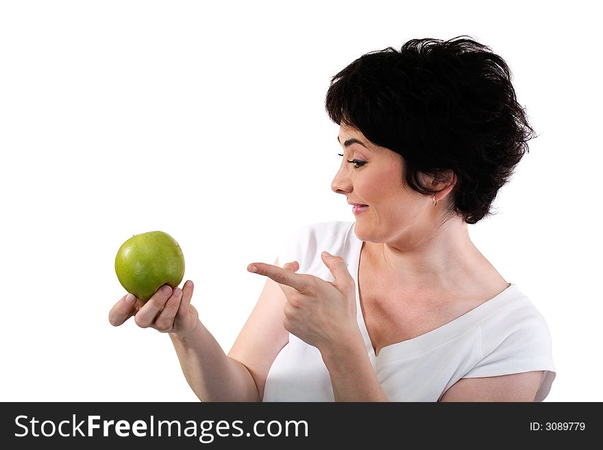 Girl pointing to the apple, healthy eating concept. Girl pointing to the apple, healthy eating concept