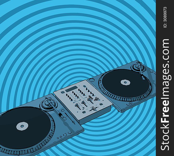 Turntables & audio mixing console with twirl background (vector format). Turntables & audio mixing console with twirl background (vector format)