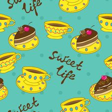 Vector Seamless Pattern With Cups And Cakes Royalty Free Stock Photos