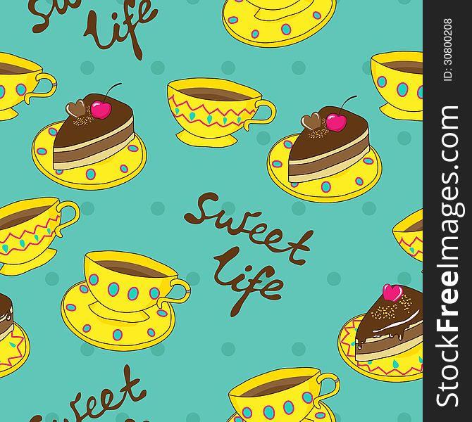 Vector Seamless Pattern With Cups And Cakes