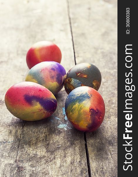 Easter eggs on a old wooden table