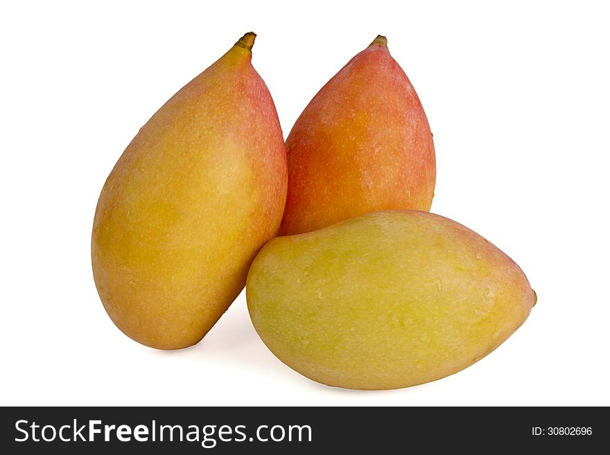 Ripe mangoes isolated on white background.