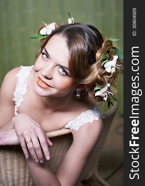 Portrait Beautiful Bride In Armchair