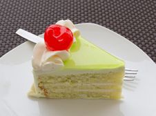 Vanilla Cake Slice And Fresh Cherry Stock Photography