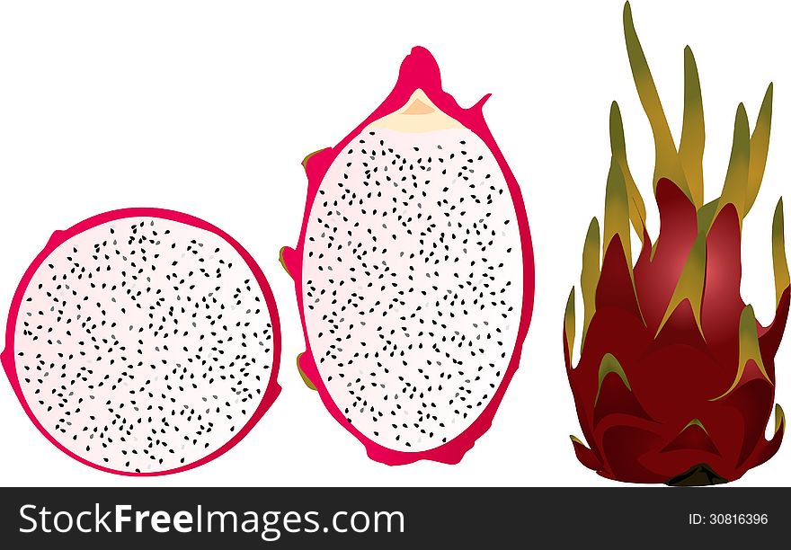 Whole and cross section of a ripe red Dragon-fruit. Whole and cross section of a ripe red Dragon-fruit