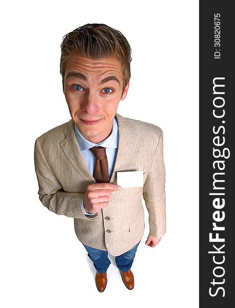 Young businessman holding business white card. Young businessman holding business white card.
