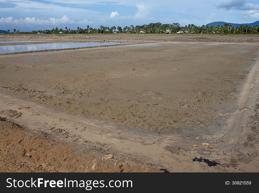 Empty salt fields near Kampot, Cambodia