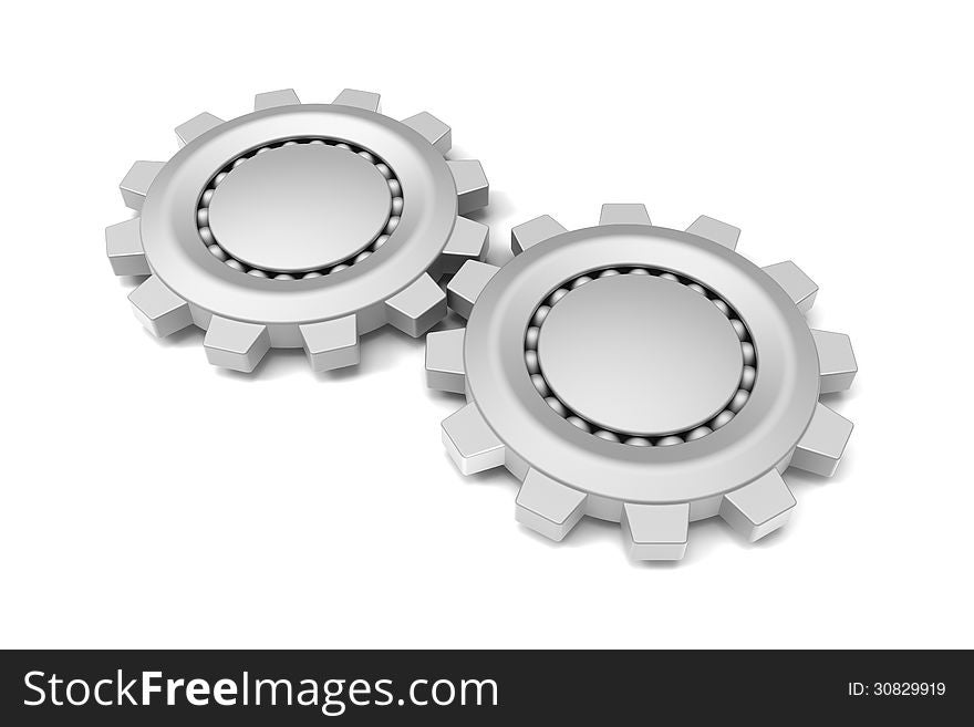 3D model of gears and ball bearings connected on white background