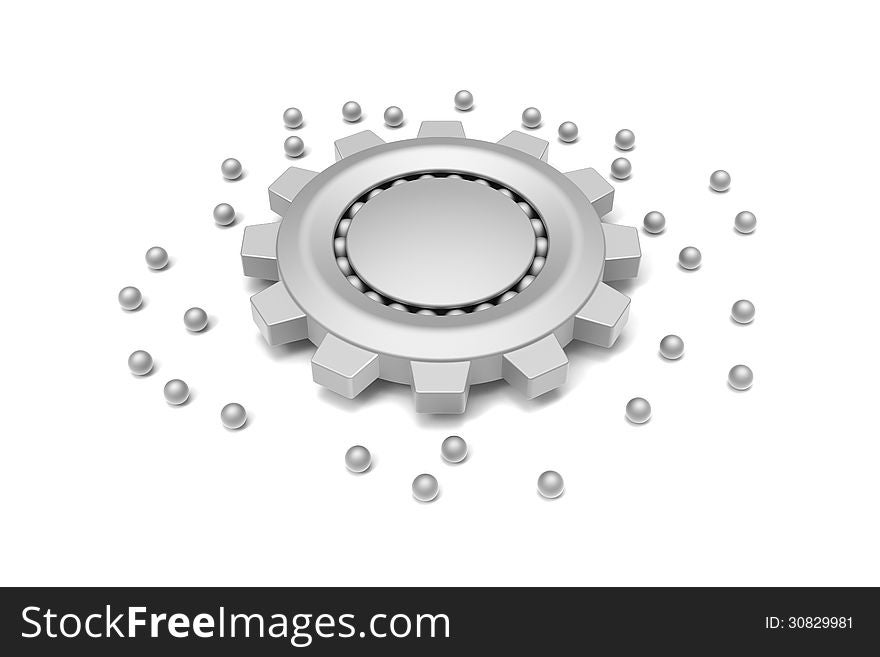 3D model of gear and ball bearing on white background