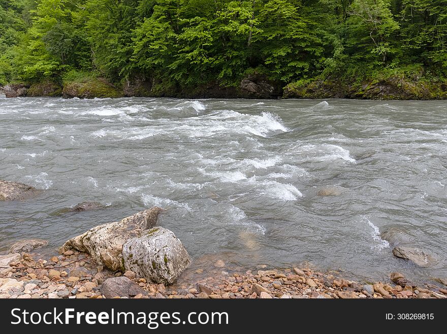 Mountain River Spring Season With Sand And Stone Shoals Along The Banks