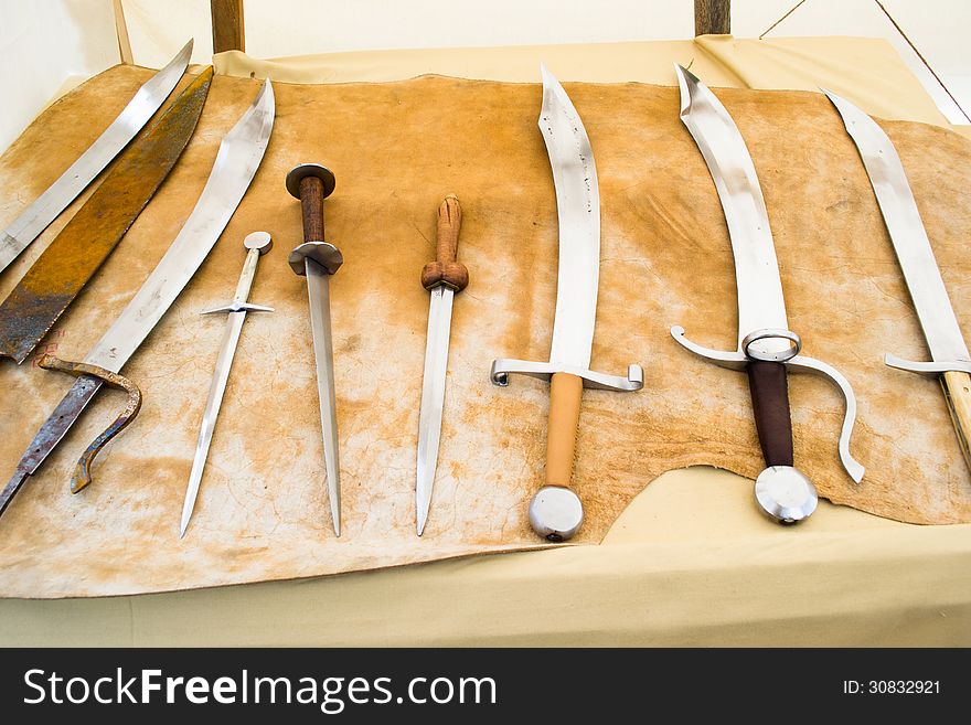 Exhibition of medieval blades for various uses. Exhibition of medieval blades for various uses