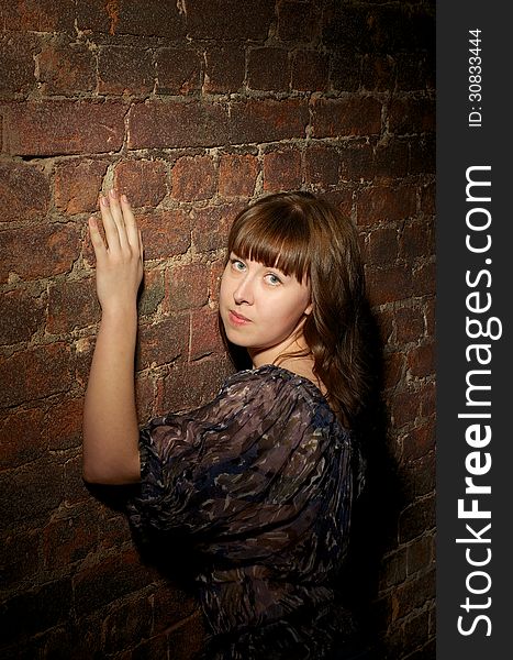 Attractive Young Woman with Long Ginger Hair near Brick Wall