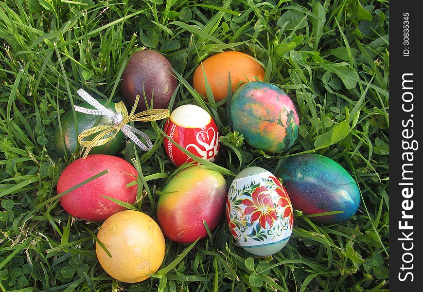 Colourful easter eggs on fresh grass background. Colourful easter eggs on fresh grass background.