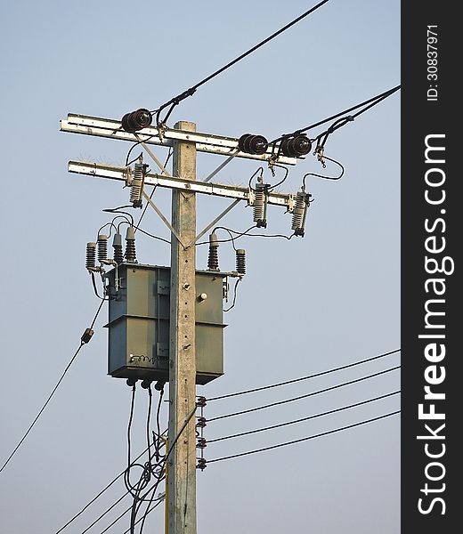 Low voltage electricity post and Transformers in daytime