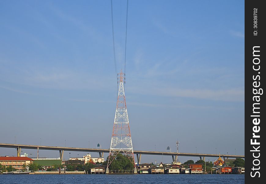 High voltage tower for transmission system across Chao Phraya river Thailand. High voltage tower for transmission system across Chao Phraya river Thailand