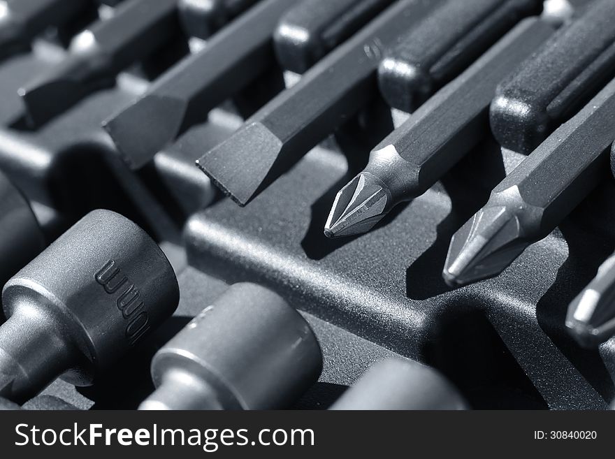 Hard metal tool bits box macro closeup