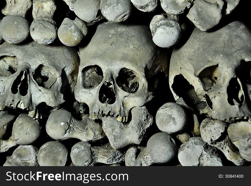 Human skulls and bones in Kutna Hora, Czech Republic.