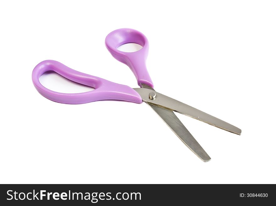 Purple scissors on a white background.