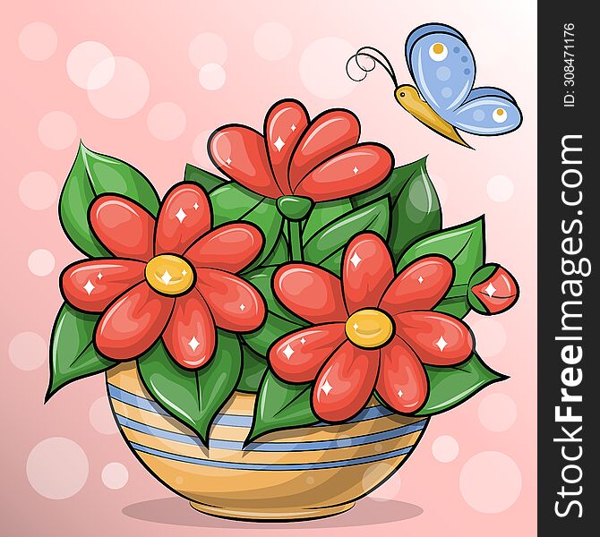 Cute Cartoon Red Flower Bouquet And Blue Butterfly. Vector Illustration Of Plants In The Flower Pot.