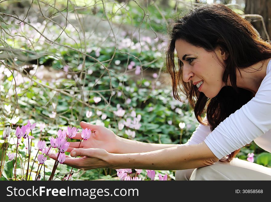 Beautifull 35 years old woman in spring forest