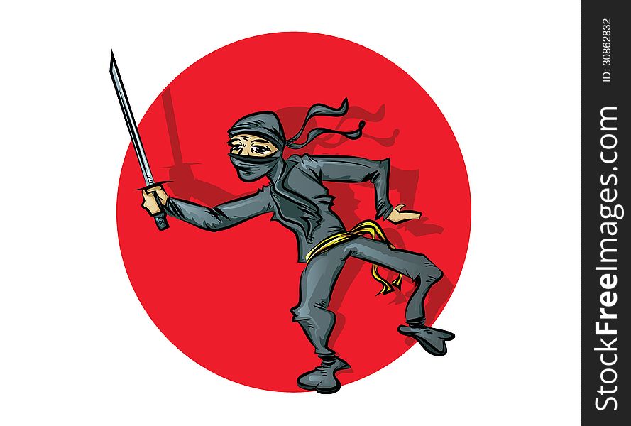 Illustration of a ninja wearing black and holding a sword. Illustration of a ninja wearing black and holding a sword