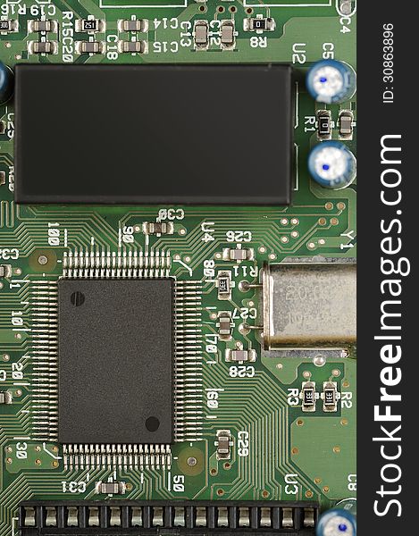 Close up of electronic board with circuits and components