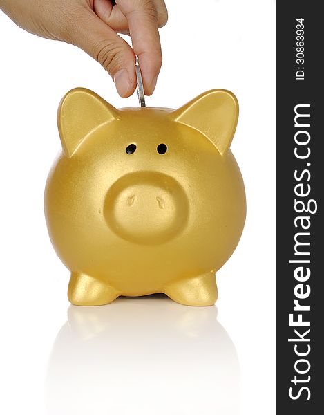 Human hand put coin into piggy bank over white background