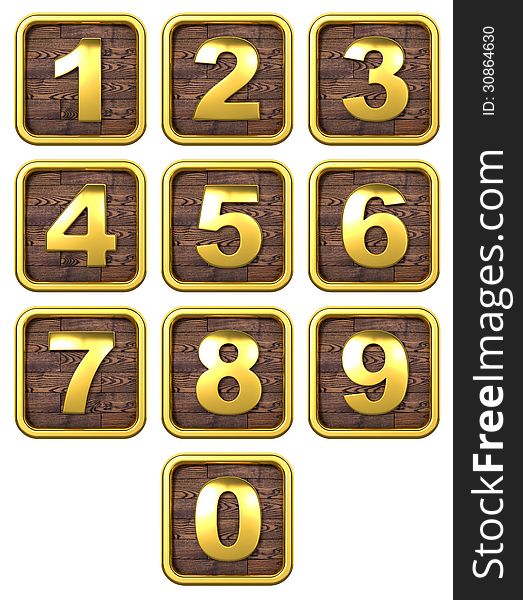 3D Set of Gold Metal Numbers, from 1 to 0. On Wooden Frame. 3D Set of Gold Metal Numbers, from 1 to 0. On Wooden Frame.