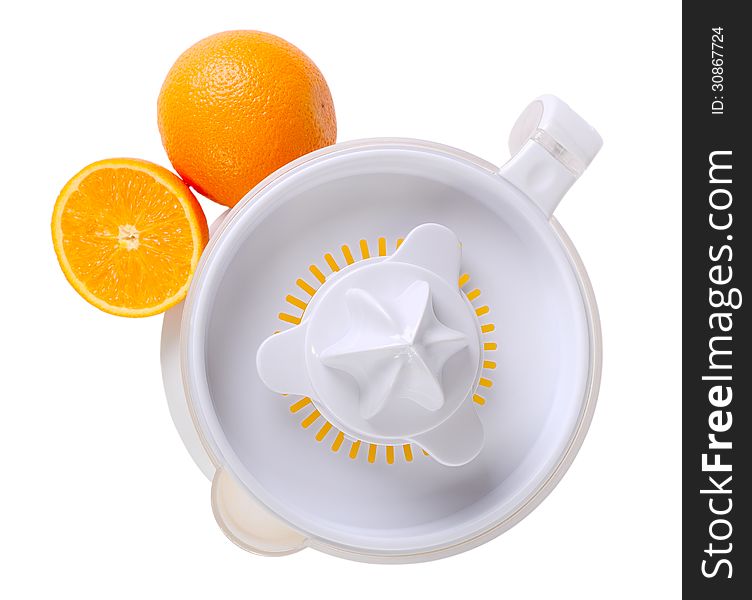 Fruit juicer and oranges isolated on white