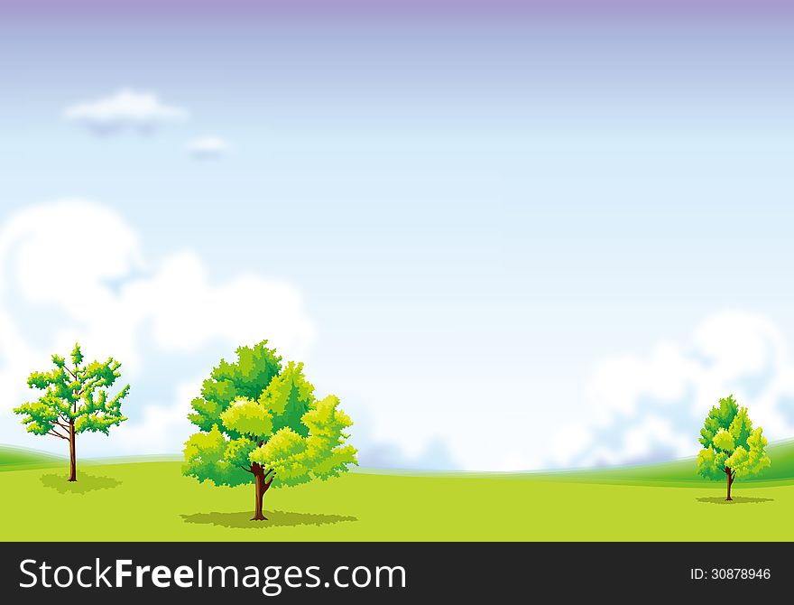 Green field with sky and cloud, nature background, illustration. Green field with sky and cloud, nature background, illustration