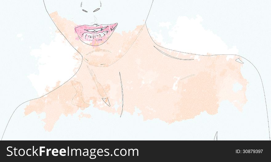 Portrait of a woman with pink lips, digital watercolor effect. Portrait of a woman with pink lips, digital watercolor effect.