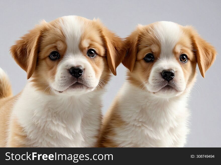 Two Fluffy Puppies with Caramel Patches and Soulful Eyes