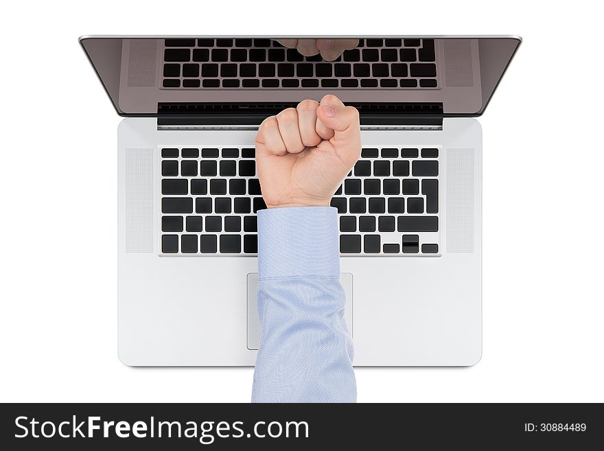 Top view of modern retina laptop with a man's fist pointing at the screen on white background. You can put any image on the screen, while retaining reflection of keyboard. Top view of modern retina laptop with a man's fist pointing at the screen on white background. You can put any image on the screen, while retaining reflection of keyboard.