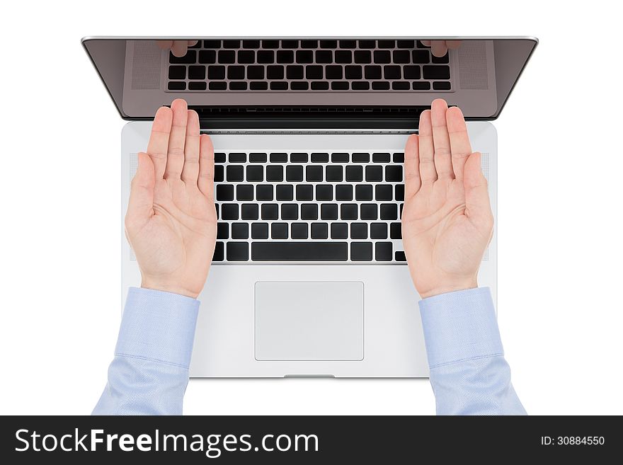 Top view of modern retina laptop with a man's hands directed toward the screen on white background. You can put any image on the screen, while retaining reflection of keyboard. Top view of modern retina laptop with a man's hands directed toward the screen on white background. You can put any image on the screen, while retaining reflection of keyboard.