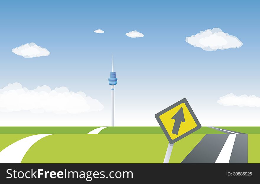 Green field with tower,sky,cloud and road. Illustration Vector. Green field with tower,sky,cloud and road. Illustration Vector