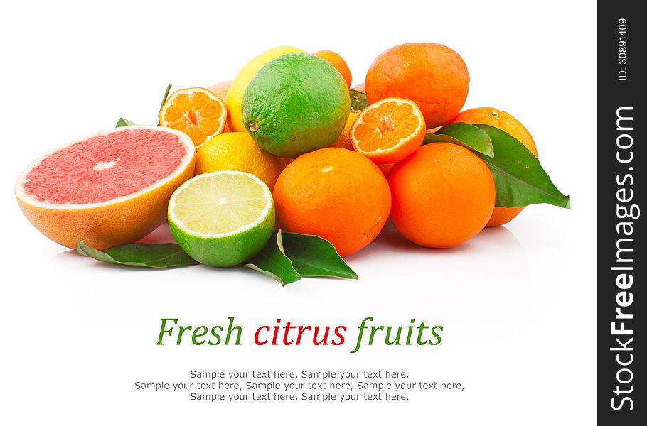 Set of fresh citrus fruits with green leaves & text, on white background