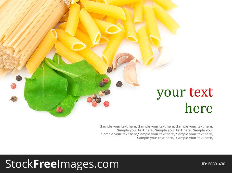 Spaghetti and spices on white background & text, food ingredients. Spaghetti and spices on white background & text, food ingredients