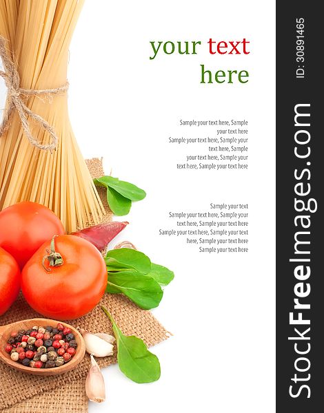 Italian pasta with spices and vegetables & text, food ingredients