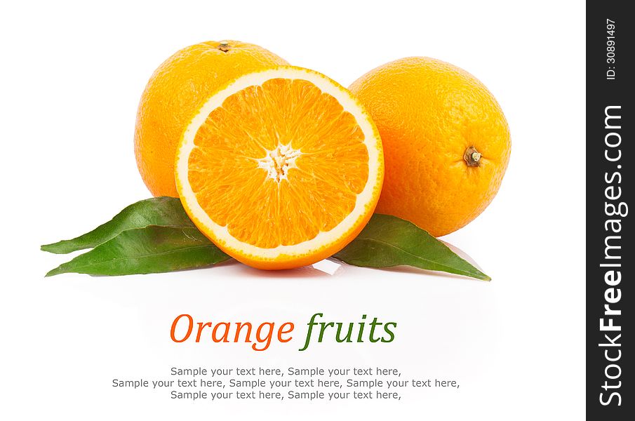 Fresh oranges fruit with green leaves & text, on white background. Fresh oranges fruit with green leaves & text, on white background