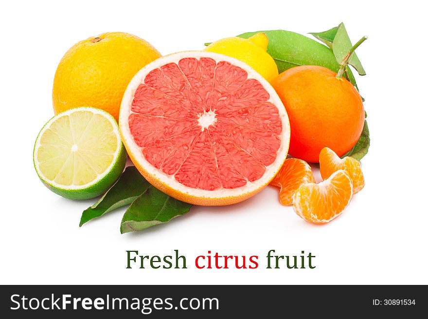 Set of fresh citrus fruits with green leaves, on white background