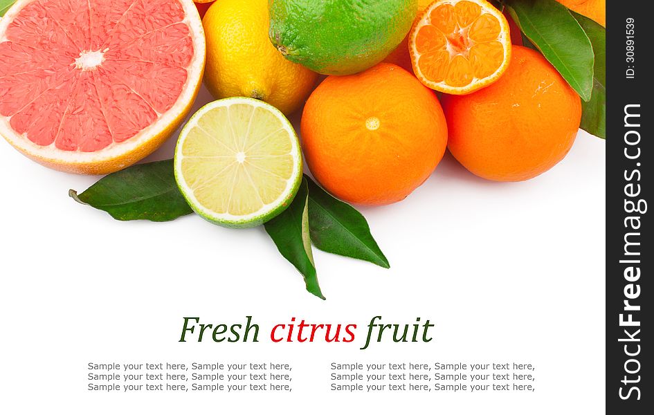 Set of fresh citrus fruits with green leaves & text, on white background